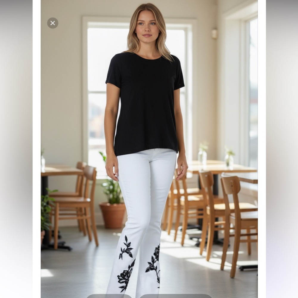 DG2 by Diane Gilman White Flare Jeans with Black Floral Design